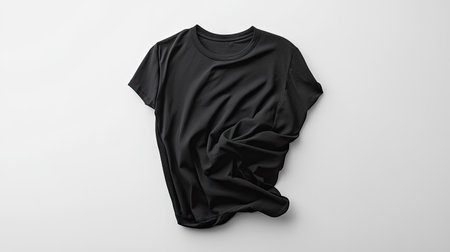 A folded black t-shirt unfolding mid-air, creating dynamic lines and movement against a white background.の素材