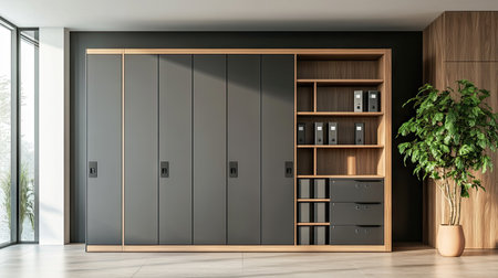 Modern lockers in a stylish office space, featuring cutting-edge security features and a minimalist design.の素材