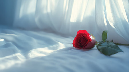 A fresh red rose lying on a white bed with soft, flowing curtains, creating a warm and romantic honeymoon settingの素材