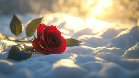 A beautiful red rose on a white bed, surrounded by soft textures and a dreamy, romantic glow, perfect for a honeymoon suiteの素材