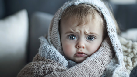 A baby girl sitting on a couch, crying with a blanket wrapped around her shouldersの素材