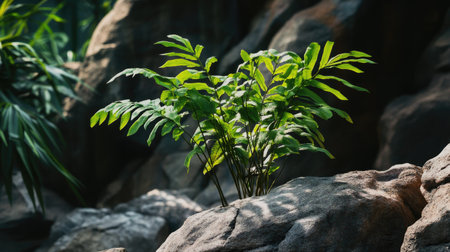 A fern plant growing on a rock, with lush green leaves standing out against a natural rocky backdropの素材