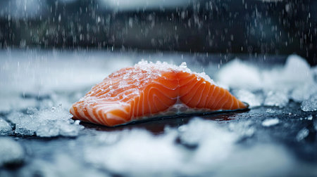 A fresh raw salmon fillet with its skin intact, resting on a bed of crushed ice, emphasizing its natural freshnessの素材