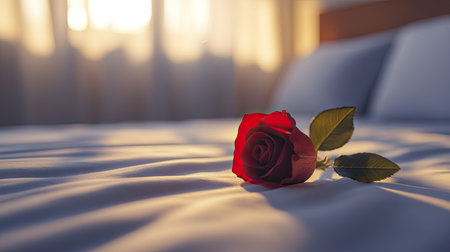 A single red rose delicately placed on a pristine white bed, with soft lighting creating a romantic and intimate atmosphere for a honeymoonの素材