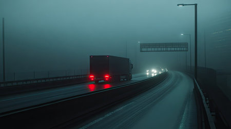 A semi-truck driving on a foggy highway, its lights glowing faintly in the dense atmosphere.の素材