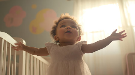 A baby girl standing in her crib, crying with outstretched arms, seeking attention and comfortの素材