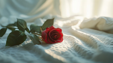 A romantic scene featuring a red rose on a white bed, with a soft, luxurious blanket and a calm, serene atmosphereの素材