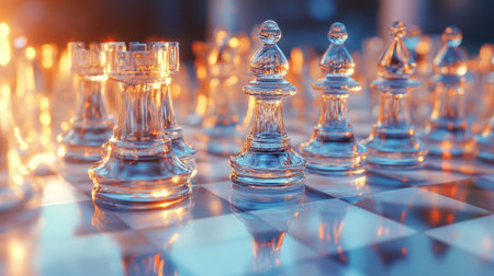 A side view of a chessboard filled with glass pieces, with glowing reflections creating a magical ambianceの素材