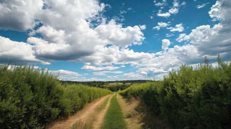 A picturesque labyrinth of tall green bushes with straight and curved paths under a partly cloudy sky.の素材