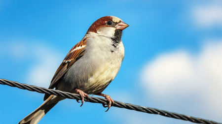 A single sparrow perched on an electric wire against a vibrant blue sky, with soft clouds in the backgroundの素材