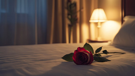 A single red rose delicately placed on a pristine white bed, with soft lighting creating a romantic and intimate atmosphere for a honeymoonの素材