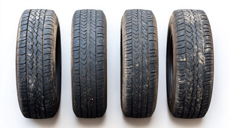 A set of four car tires with even tread wear, isolated on a white background to showcase their condition.の素材