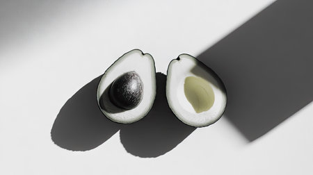A fresh avocado sliced into two halves, with one half revealing the seed and the other with the creamy flesh, isolated on whiteの素材