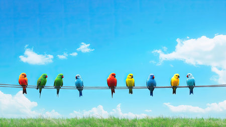 A row of colorful birds sitting on a power line, creating a lively scene against the azure skyの素材
