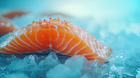 A vibrant piece of raw salmon fillet on ice, with the background softly blurred, highlighting the fresh quality of the fishの素材