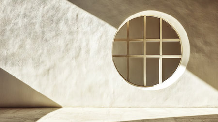 A round window with a simple visor, casting soft shadows on a light wall as morning sunlight pours throughの素材