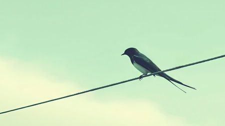 A swallow sitting on a wire with its wings slightly spread, ready to take off into the clear skyの素材