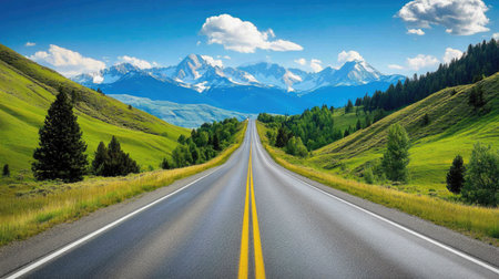 A straight highway framed by green hills and trees, with snow-capped peaks visible in the distanceの素材