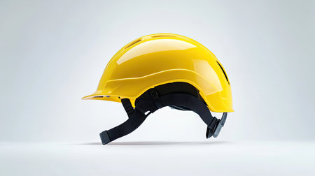 A side view of a yellow safety helmet, displaying its adjustable chin strap and smooth surface, against a white backgroundの素材