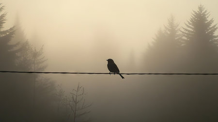 A sparrow sitting on a wire during a foggy morning, with faint outlines of trees in the backgroundの素材