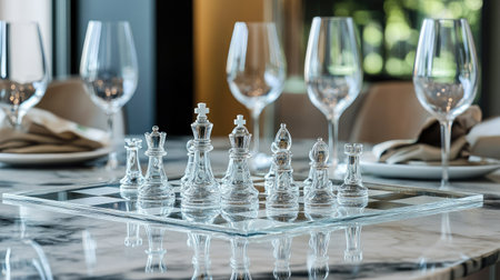 A sophisticated setting of a glass chessboard on a marble table, with wine glasses visible in the backgroundの素材