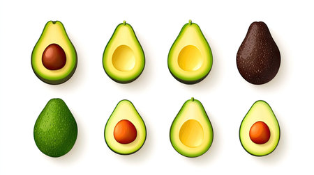 A fresh, ripe avocado sliced lengthwise, with its creamy flesh and seed visible, isolated on a white backgroundの素材