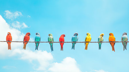 A row of colorful birds sitting on a power line, creating a lively scene against the azure skyの素材