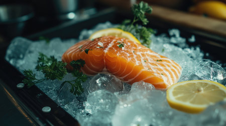 A fresh raw salmon fillet on ice, with a few lemon slices and herbs placed nearby for garnishの素材