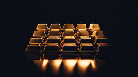 A stack of shiny gold bars arranged neatly on a reflective black surface, glowing under soft studio lightingの素材