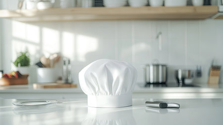 A soft-focus shot of a white chef hat on a clean, bright countertop, with kitchen gadgets around itの素材