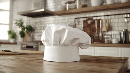 A white chef hat neatly placed on a wooden kitchen counter, with kitchen utensils and a cutting board in the backgroundの素材