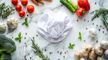 A white chef hat on a marble counter, surrounded by fresh ingredients like vegetables and herbsの素材