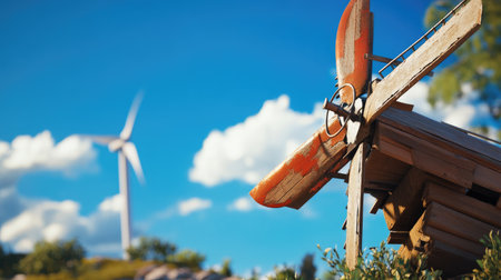 Close-up of a wooden windmill's blades with a sleek white wind turbine in the background against a vivid blue skyの素材
