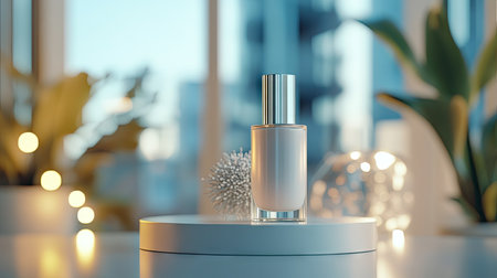 Close-up of a sleek crme lotion bottle on a podium with a blurred background, perfect for cosmetic product presentationsの素材