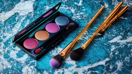 Professional makeup setup with an eyeshadow palette, brushes, and a beauty sponge on a marble-textured surfaceの素材