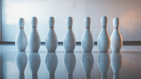 Close-up of bowling pins standing perfectly aligned after being set up, ready for the next roundの素材