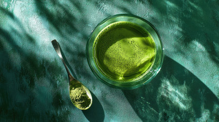 Close-up of matcha green tea in a glass cup, resting on a rich green surface with a teaspoon of matcha powder next to it, inviting a calming feelの素材
