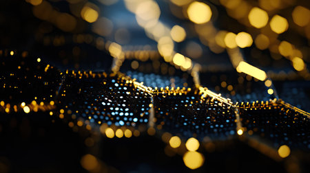 Close-up of futuristic hexagonal shapes layered with a digital texture and dynamic lightingの素材