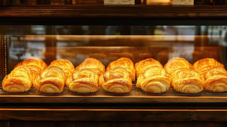 Close-up of golden-brown croissants arranged neatly in a bakery display case under warm lighting, with a rustic wooden backgroundの素材
