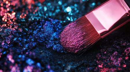 Close-up of shimmering eyeshadow pigments in a palette, with a brush dipped into one of the shadesの素材