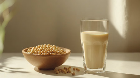Close-up of soy milk in a glass placed next to a bowl of fresh soybeans, arranged on a white surface with subtle light filtering throughの素材