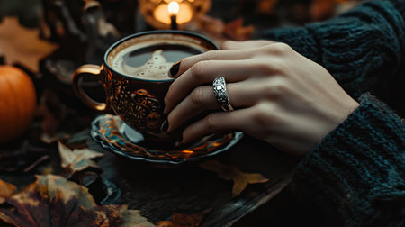 Close-up of hands with a silver ring clutching a coffee cup, surrounded by an autumn-themed settingの素材