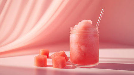 Minimalist shot of watermelon slushie in a glass jar with a straw and small watermelon cubes on a bright backgroundの素材