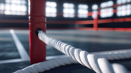 A corner of an empty boxing ring with white ropes and a red turnbuckle in focus.の素材