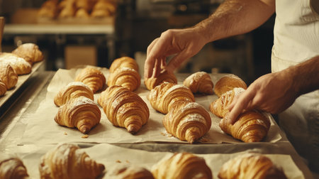 Pile of fresh croissants on parchment paper, with a baker's hands arranging them in a bustling bakery environmentの素材