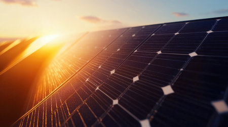 Close-up of solar panel edges catching sunlight, with a clear and expansive blue sky aboveの素材