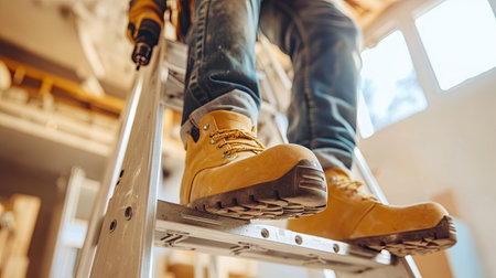 A close-up of safety shoes on a step ladder rung, with the man holding a drill in a bright workspace.の素材