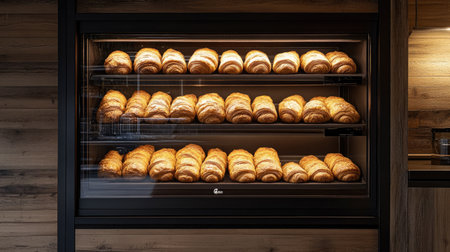Close-up of golden-brown croissants arranged neatly in a bakery display case under warm lighting, with a rustic wooden backgroundの素材
