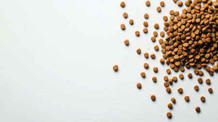 Close-up of crunchy dog food pellets scattered into a small pile on a clean, well-lit white backgroundの素材