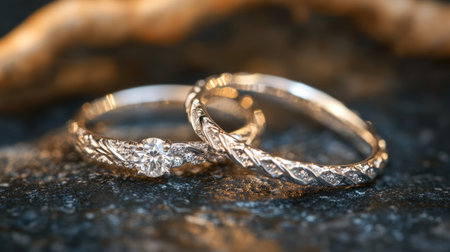 A close-up of two diamond wedding rings with delicate details, placed against a textured background.の素材